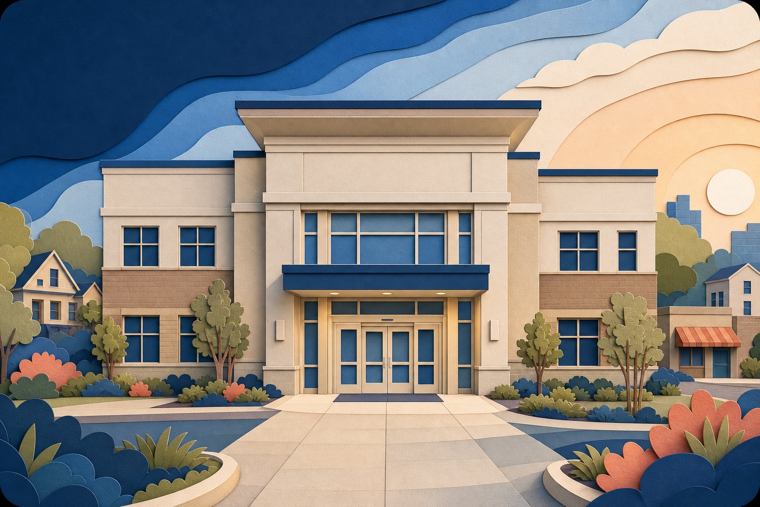 Layered paper-art community bank or credit union rooted in a local neighborhood