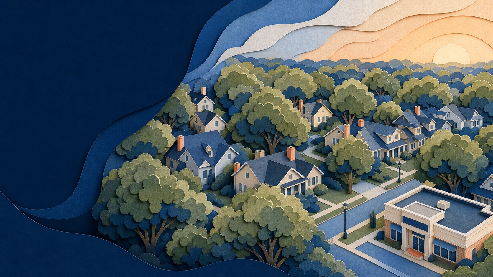 Layered paper-art neighborhood representing a locally rooted appraisal partner