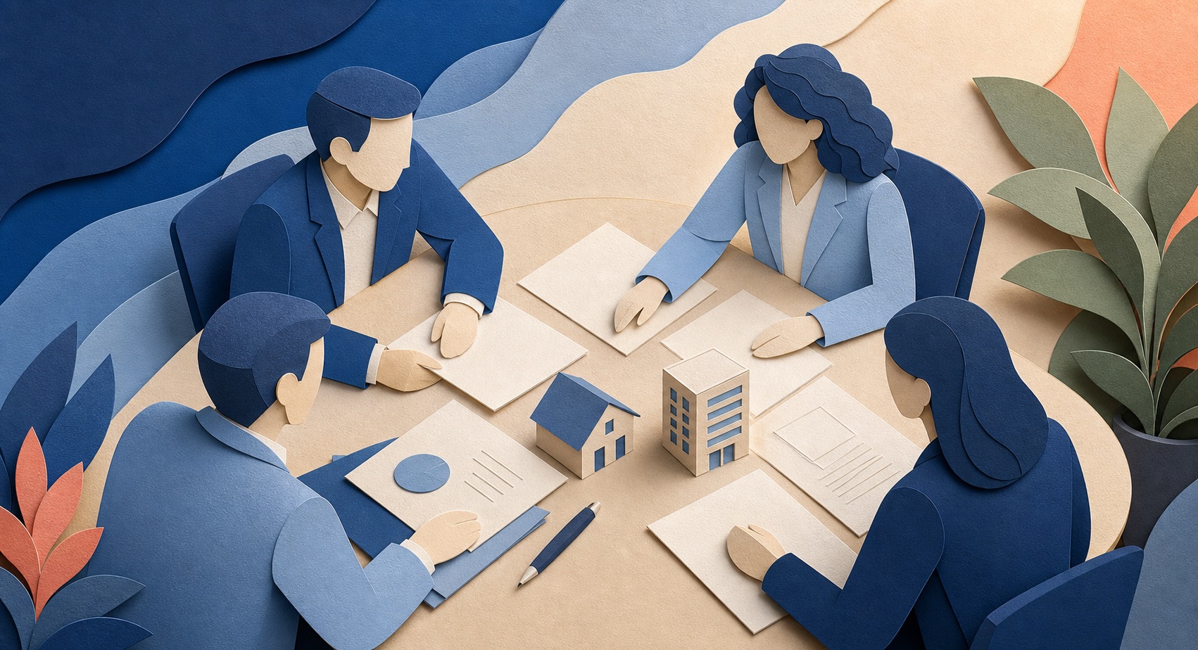 Layered paper-art professionals collaborating around appraisal documents and property models