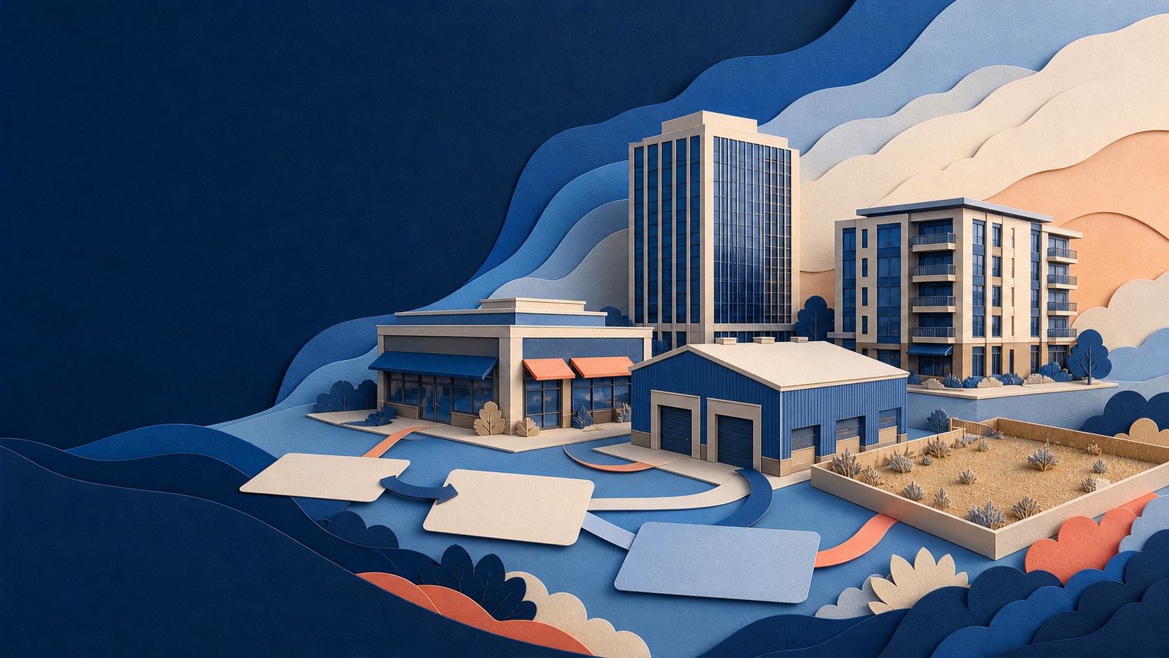 Layered paper-art portfolio of commercial property types
