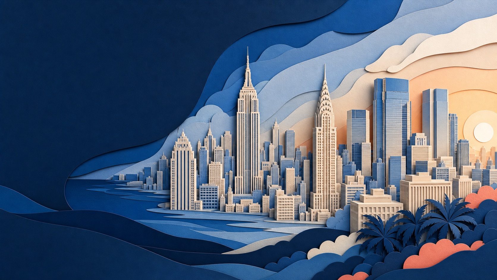Layered paper-art commercial skyline representing commercial appraisal management