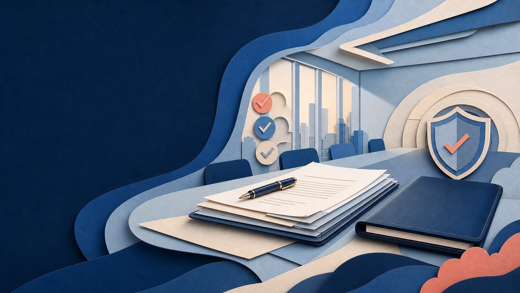 Layered paper-art compliance review table with documents and protective shield