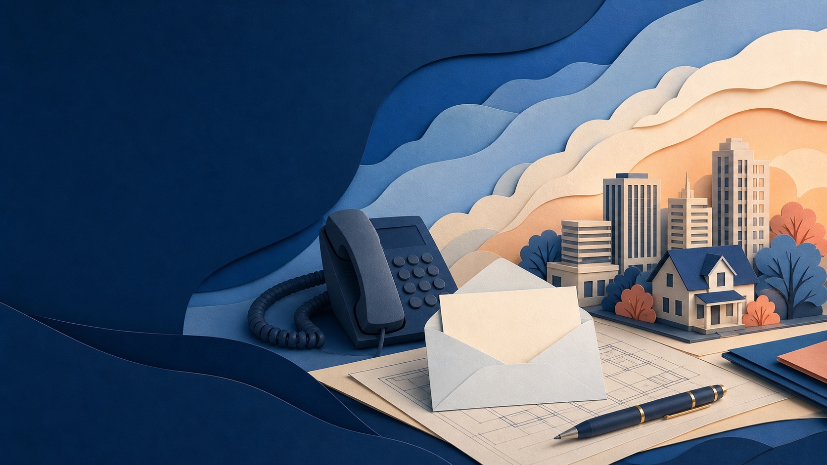 Layered paper-art contact workspace with a telephone, message, plans, and property models