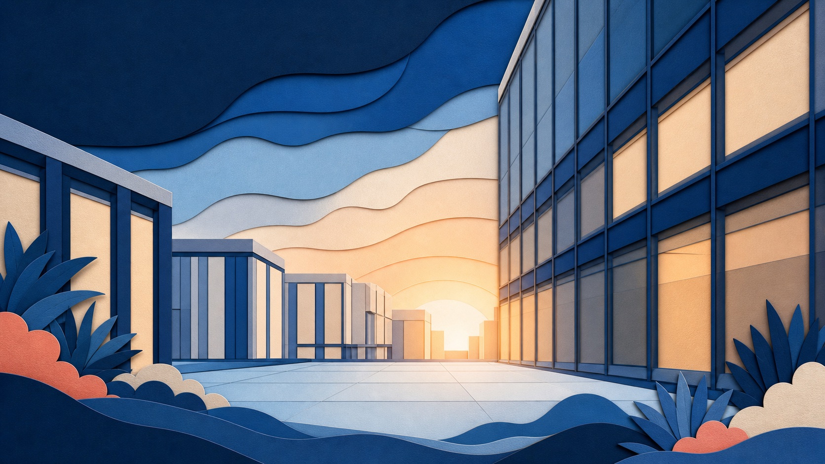 Layered paper-art modern architecture representing contemporary valuation products