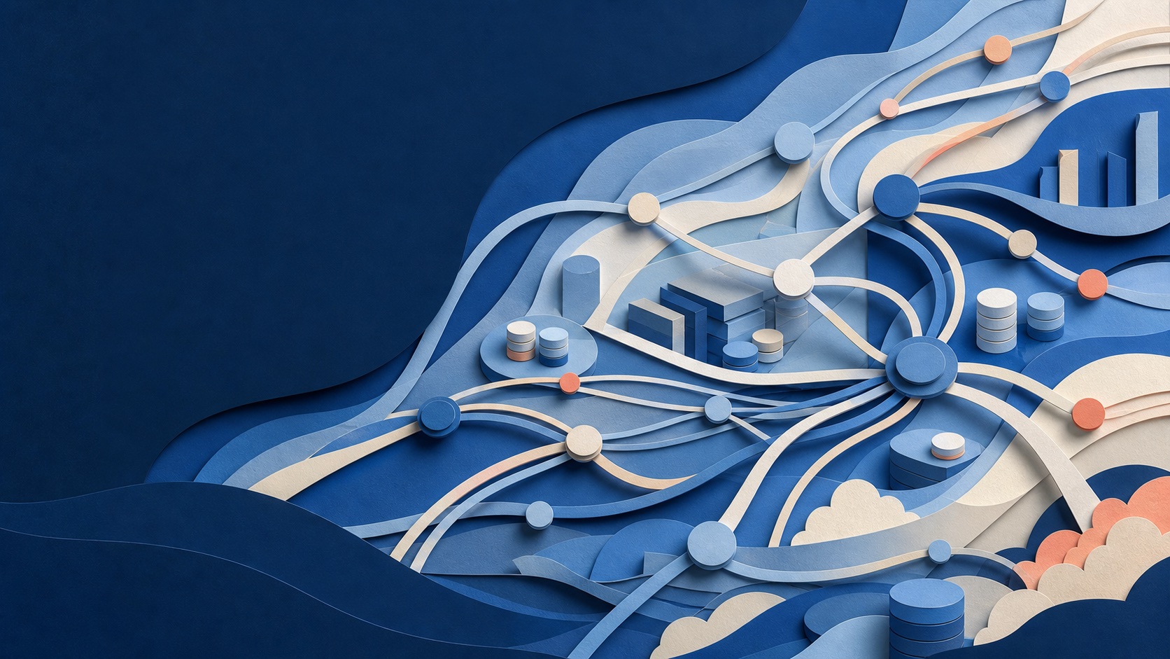 Layered paper-art network representing connected lending platforms