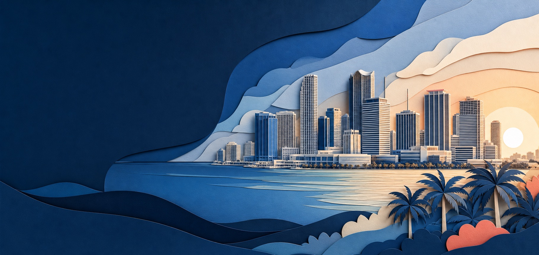 Paper-art interpretation of the Downtown Miami skyline at sunrise