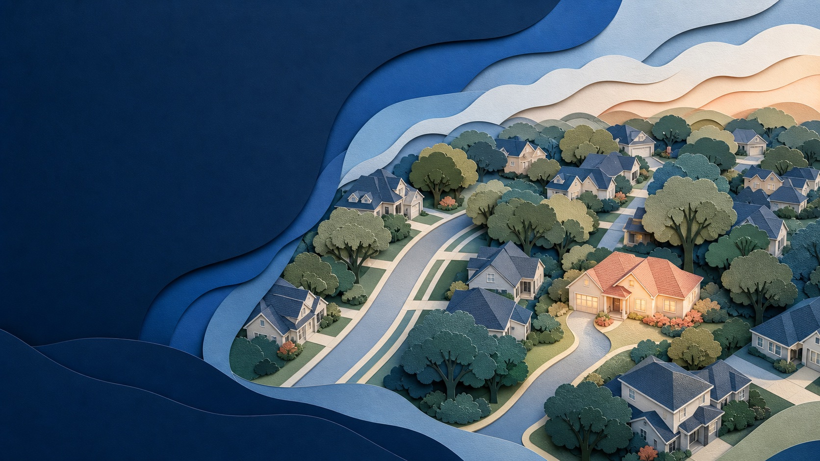 Layered paper-art neighborhood with a highlighted appraisal property