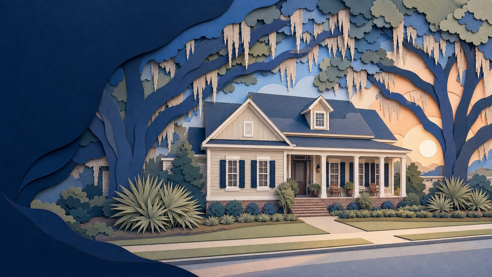 Layered paper-art Southern home beneath live oaks and Spanish moss