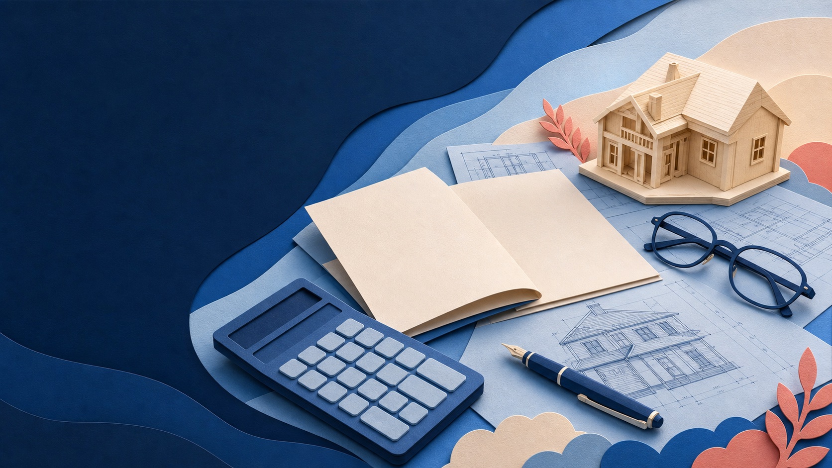 Layered paper-art appraisal review desk with reports, calculator, plans, and model home