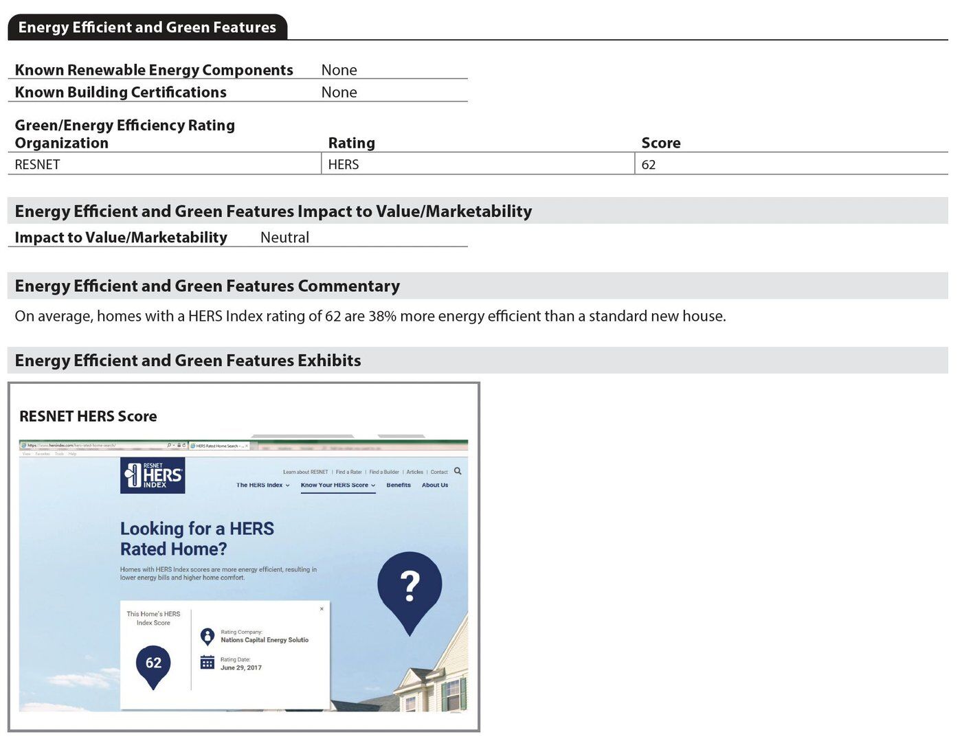 UAD 3.6 energy efficient and green features section (GSE sample) listing a RESNET HERS rating of 62, its impact on value and marketability, commentary and a HERS score exhibit.